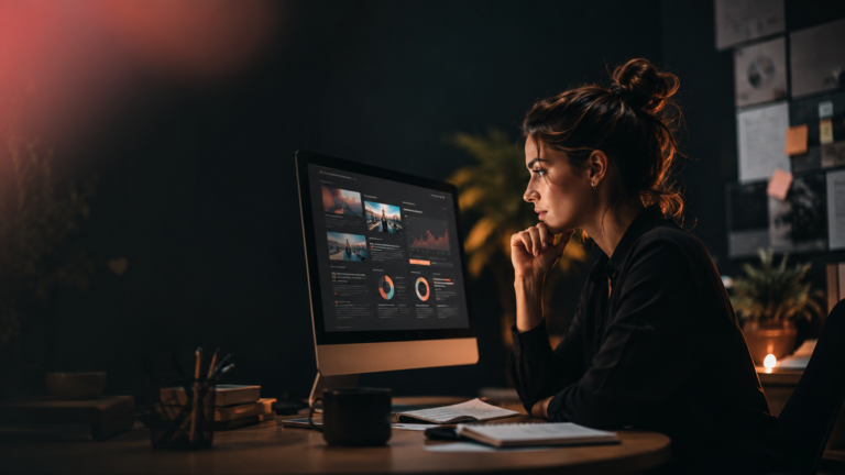 Mujer mirando por computador estadísticas
